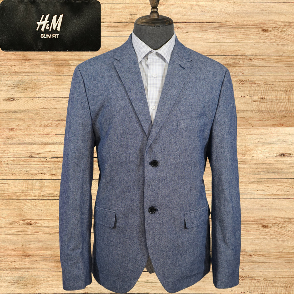 H&M Sport Coat Mens 46R Slim Fit Blue Cotton Blazer Elbow Patch Semi Structured